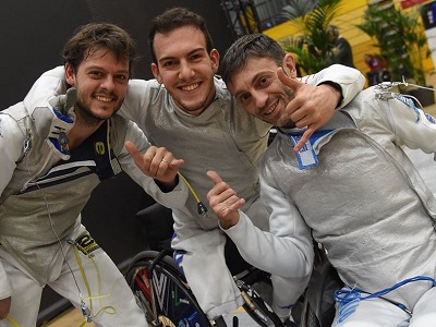 Matteo Betti, Emanuele Lambertini e Marco Cima terzi nella gara di Coppa del Mondo di scherma Parlaimpica ad Amsterdam - Fiamme Azzurre