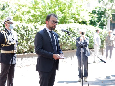 Il ministro della Giustizia Alfonso Bonafede durante la cerimonia in memoria del giudice Mario Amato ucciso nel 1980