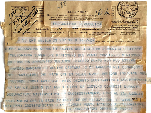 Divieto di emissione mandati di cattura nei confronti dei partigiani per fatti commessi durante l'occupazione nazifascista