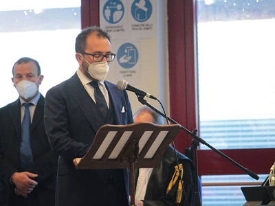 Il ministro della Giustizia Alfonso Bonafede durante il suo intervento nell'aula bunker di Lamezia Terme per l'apertura dell'Anno Giudiziario 2021 del Distretto di Catanzaro