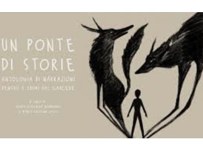 Disegno di due lupi e un bambino, copertina del volume "Un ponte di storie"
